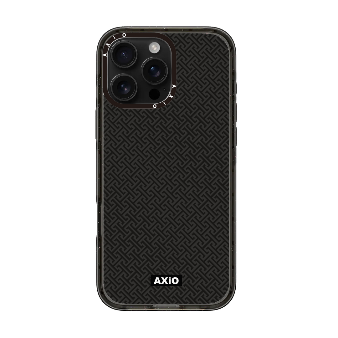 Black textured phone case with 'Axio' branding on a white background