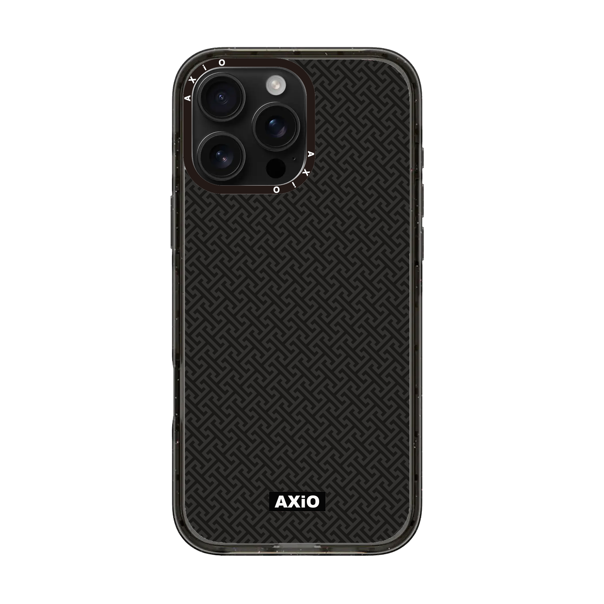 Black textured phone case with 'Axio' branding on a white background