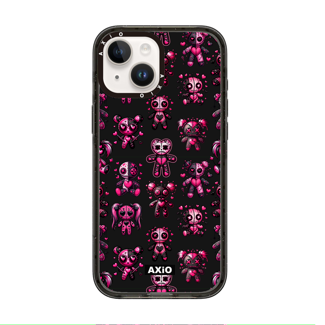 Phone case with pink character design on a black background, featuring the brand 'Axio'.